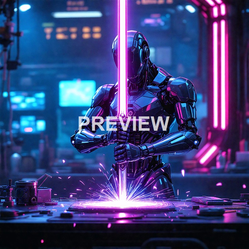 A futuristic humanoid robot wielding a glowing pink sword in a high-tech neon-lit environment with sparks flying from a welding or forging process.